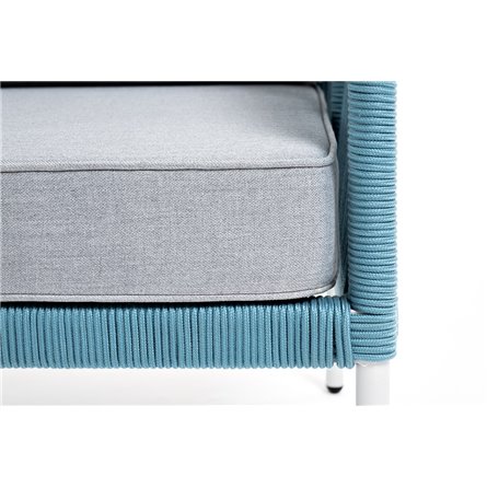 "Канны" диван 2-местный плетеный из роупа, каркас алюминий светло-серый (RAL7035) муар, роуп бирюзовый круглый, ткань светло-сер