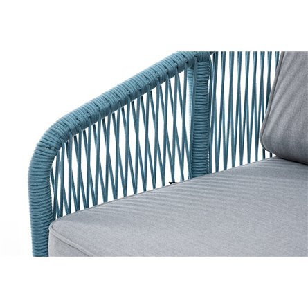 "Канны" диван 2-местный плетеный из роупа, каркас алюминий светло-серый (RAL7035) муар, роуп бирюзовый круглый, ткань светло-сер