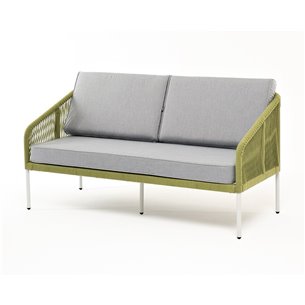 "Канны" диван 2-местный плетеный из роупа, каркас алюминий светло-серый (RAL7035) муар, роуп салатовый меланж круглый, ткань све