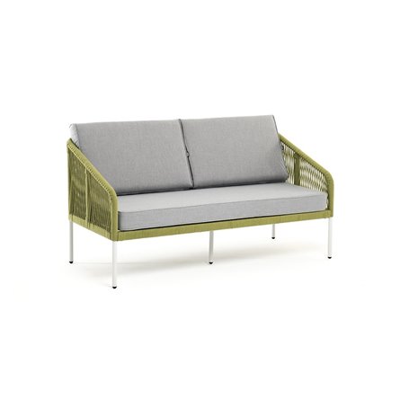 "Канны" диван 2-местный плетеный из роупа, каркас алюминий светло-серый (RAL7035) муар, роуп салатовый меланж круглый, ткань све