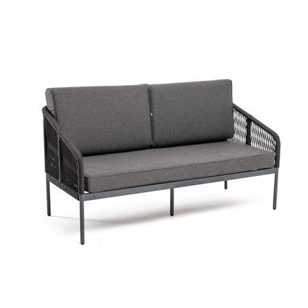 "Канны" диван 2-местный плетеный из роупа, каркас алюминий темно-серый (RAL7024) муар, роуп темно-серый круглый, ткань темно-сер