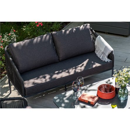 "Канны" диван 2-местный плетеный из роупа, каркас алюминий темно-серый (RAL7024) муар, роуп темно-серый круглый, ткань темно-сер