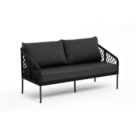 "Канны" диван 2-местный плетеный из роупа (узелки), каркас алюминий темно-серый (RAL7024) муар, роуп темно-серый круглый, ткань