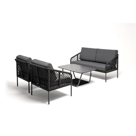 "Канны" диван 2-местный плетеный из роупа (узелки), каркас алюминий темно-серый (RAL7024) муар, роуп темно-серый круглый, ткань