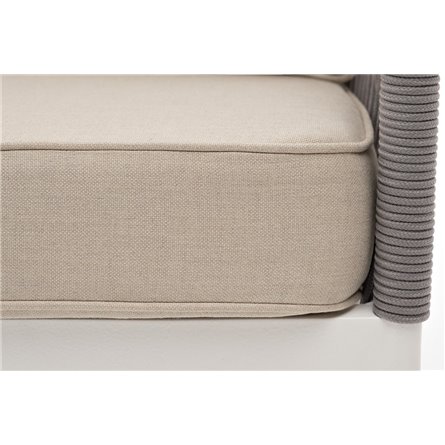 "Канны" диван 3-местный плетеный из роупа, каркас алюминий белый муар, роуп светло-серый круглый, ткань бежевая 15052