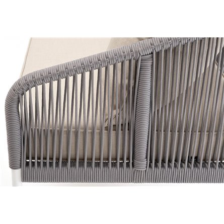 "Канны" диван 3-местный плетеный из роупа, каркас алюминий белый муар, роуп светло-серый круглый, ткань бежевая 15052