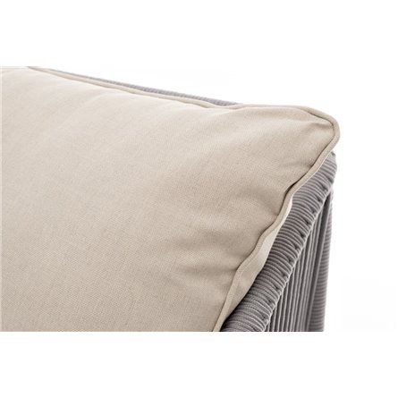 "Канны" диван 3-местный плетеный из роупа, каркас алюминий белый муар, роуп светло-серый круглый, ткань бежевая 15052