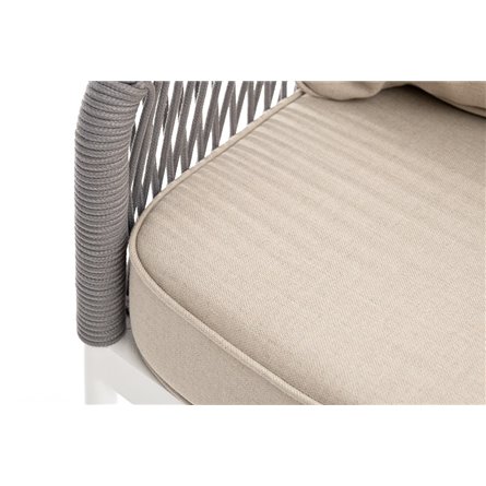 "Канны" диван 3-местный плетеный из роупа, каркас алюминий белый муар, роуп светло-серый круглый, ткань бежевая 15052