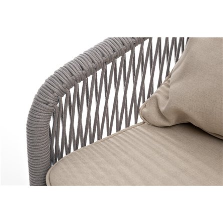 "Канны" диван 3-местный плетеный из роупа, каркас алюминий белый муар, роуп светло-серый круглый, ткань бежевая 15052