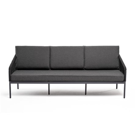 "Канны" диван 3-местный плетеный из роупа, каркас алюминий темно-серый (RAL7024) муар, роуп темно-серый круглый, ткань темно-сер