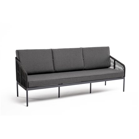 "Канны" диван 3-местный плетеный из роупа, каркас алюминий темно-серый (RAL7024) муар, роуп темно-серый круглый, ткань темно-сер