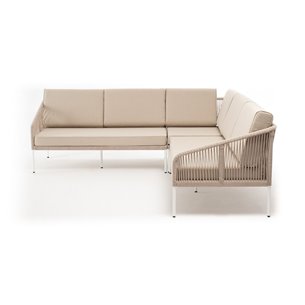 "Канны" диван модульный плетеный из роупа, каркас алюминий белый, роуп бежевый круглый, ткань бежевая 035