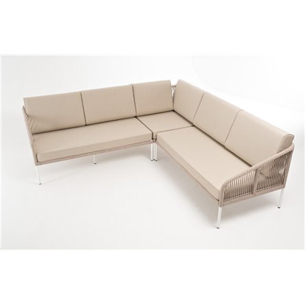 "Канны" диван модульный плетеный из роупа, каркас алюминий белый, роуп бежевый круглый, ткань бежевая 035