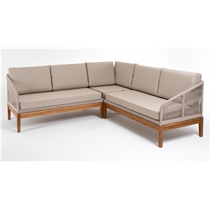 "Канны" диван модульный плетеный из роупа, основание дуб, роуп бежевый круглый, ткань бежевая 052
