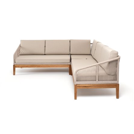 "Канны" диван модульный плетеный из роупа, основание дуб, роуп бежевый круглый, ткань бежевая 052