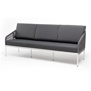 "Канны" диван 3-местный плетеный из роупа, каркас алюминий белый муар, роуп светло-серый круглый, ткань серая 017