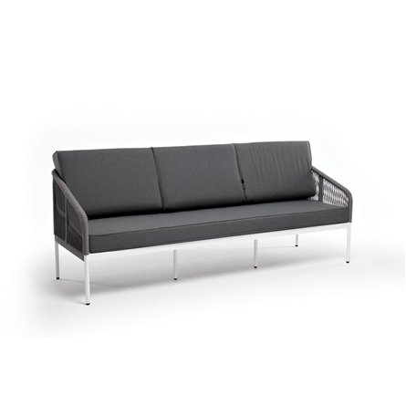 "Канны" диван 3-местный плетеный из роупа, каркас алюминий белый муар, роуп светло-серый круглый, ткань серая 017