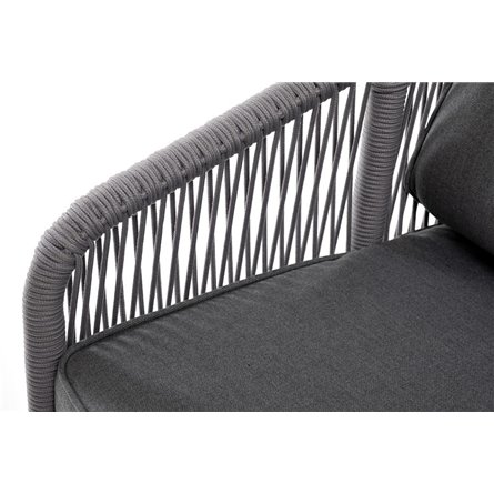 "Канны" диван 3-местный плетеный из роупа, каркас алюминий белый муар, роуп светло-серый круглый, ткань серая 017