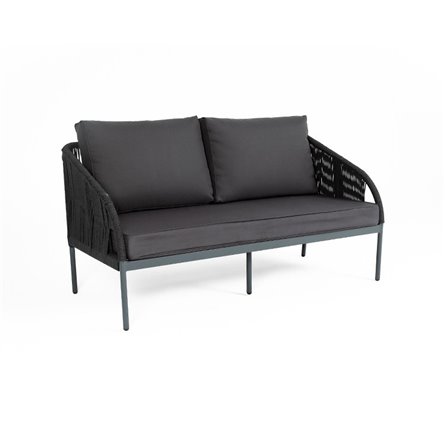 "Лугано" диван 3-местный плетеный из роупа, каркас алюминий темно-серый (RAL7024) муар, роуп темно-серый круглый, ткань темно-се