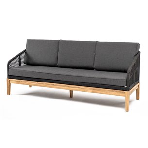 "Канны" диван 3-местный плетеный из роупа, основание дуб, роуп темно-серый круглый, ткань темно-серая 027