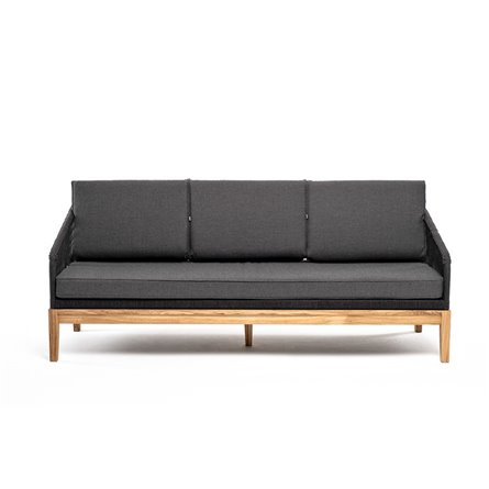 "Канны" диван 3-местный плетеный из роупа, основание дуб, роуп темно-серый круглый, ткань темно-серая 027