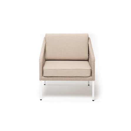 "Канны" кресло плетеное из роупа, каркас алюминий белый муар, роуп бежевый круглый, ткань бежевая 15052, высота посадки 45 см