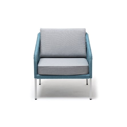 "Канны" кресло плетеное из роупа, каркас алюминий светло-серый (RAL7035) муар, роуп бирюзовый круглый, ткань светло-серая