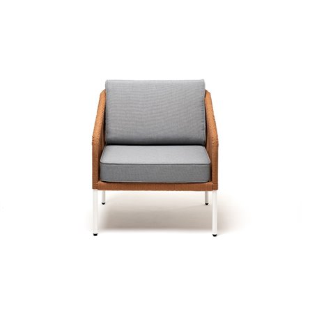 "Канны" кресло плетеное из роупа, каркас алюминий светло-серый (RAL7035) муар, роуп светло-серый круглый, ткань светло-серая