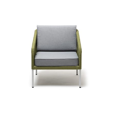 "Канны" кресло плетеное из роупа, каркас алюминий светло-серый (RAL7035) муар, роуп салатовый меланж круглый, ткань светло-серая