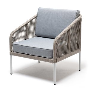 "Канны" кресло плетеное из роупа, каркас алюминий светло-серый (RAL7035) муар, роуп серый меланж круглый, ткань светло-серая