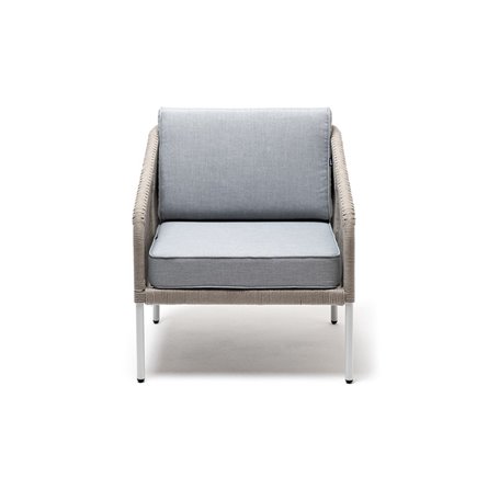 "Канны" кресло плетеное из роупа, каркас алюминий светло-серый (RAL7035) муар, роуп серый меланж круглый, ткань светло-серая