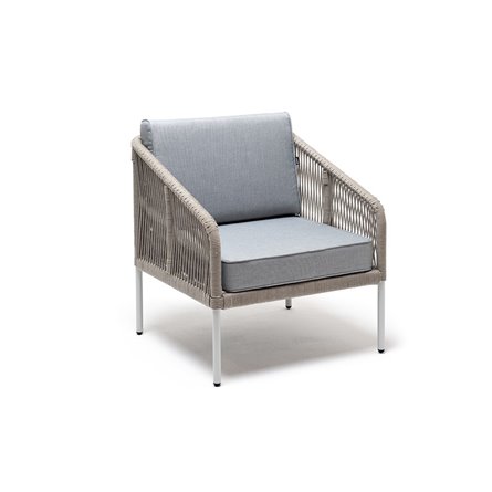 "Канны" кресло плетеное из роупа, каркас алюминий светло-серый (RAL7035) муар, роуп серый меланж круглый, ткань светло-серая