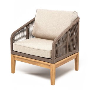 "Канны" кресло плетеное из роупа, основание дуб, роуп коричневый круглый, ткань бежевая 052