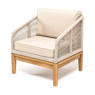 "Канны" кресло плетеное из роупа, основание дуб, роуп бежевый круглый, ткань бежевая 052