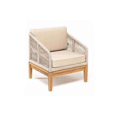 "Канны" кресло плетеное из роупа, основание дуб, роуп бежевый круглый, ткань бежевая 052