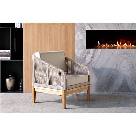 "Канны" кресло плетеное из роупа, основание дуб, роуп бежевый круглый, ткань бежевая 052