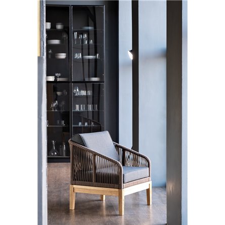 "Канны" кресло плетеное из роупа, основание дуб, роуп коричневый круглый, ткань темно-серая 027