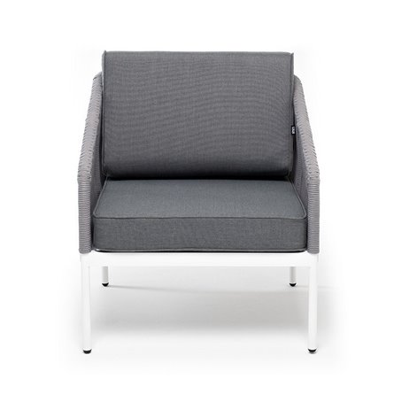 "Канны" кресло плетеное из роупа, каркас алюминий белый муар, роуп светло-серый круглый, ткань серая 017