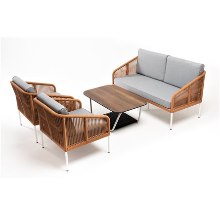 "Канны" лаунж-зона 4-местная из роупа со столом "Глория" цвет "дуб", каркас алюминиевый белый, роуп оранжевый меланж