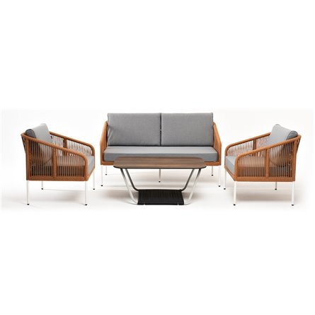 "Канны" лаунж-зона 4-местная из роупа со столом "Глория" цвет "дуб", каркас алюминиевый белый, роуп оранжевый меланж