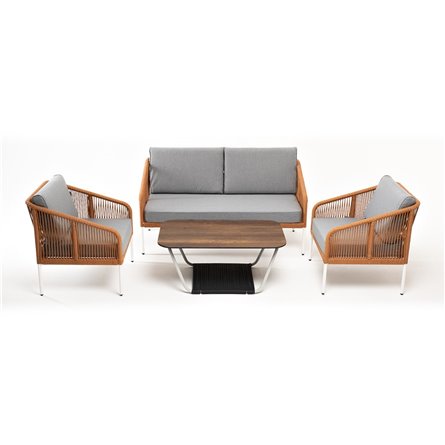 "Канны" лаунж-зона 4-местная из роупа со столом "Глория" цвет "дуб", каркас алюминиевый белый, роуп оранжевый меланж