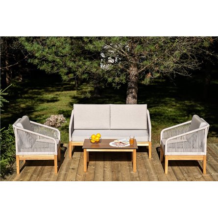 "Канны" лаунж-зона 4-местная из роупа со столиком "Канны" цвета "дуб", основание дуб, роуп бежевый