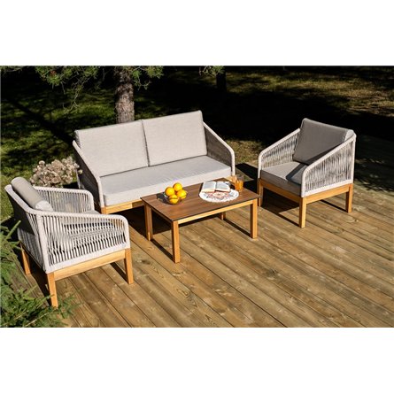 "Канны" лаунж-зона 4-местная из роупа со столиком "Канны" цвета "дуб", основание дуб, роуп бежевый