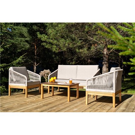 "Канны" лаунж-зона 4-местная из роупа со столиком "Канны" цвета "дуб", основание дуб, роуп бежевый