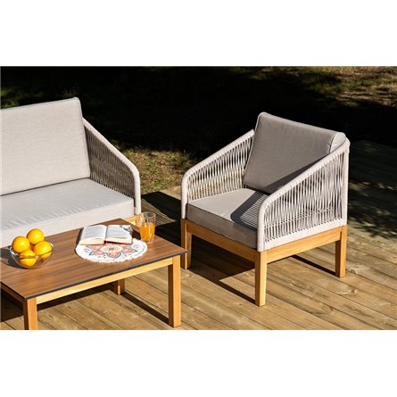 "Канны" лаунж-зона 4-местная из роупа со столиком "Канны" цвета "дуб", основание дуб, роуп бежевый