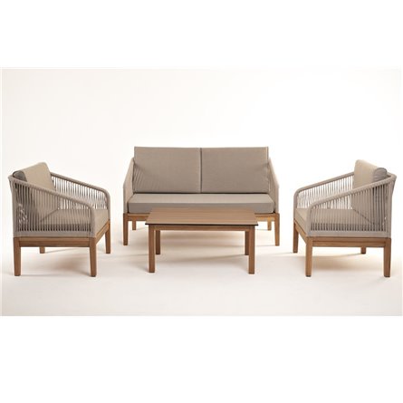 "Канны" лаунж-зона 4-местная из роупа со столиком "Канны" цвета "дуб", основание дуб, роуп бежевый