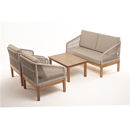 "Канны" лаунж-зона 4-местная из роупа со столиком "Канны" цвета "дуб", основание дуб, роуп бежевый