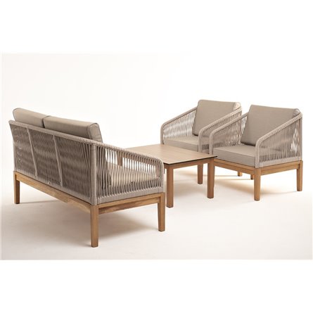 "Канны" лаунж-зона 4-местная из роупа со столиком "Канны" цвета "дуб", основание дуб, роуп бежевый