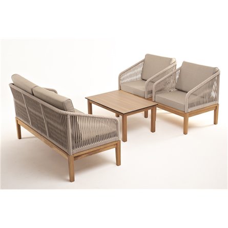 "Канны" лаунж-зона 4-местная из роупа со столиком "Канны" цвета "дуб", основание дуб, роуп бежевый