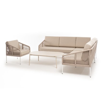 "Канны" модульная угловая лаунж-зона из роупа (веревки) со столом "Диего" (молочный), цвет бежевый
